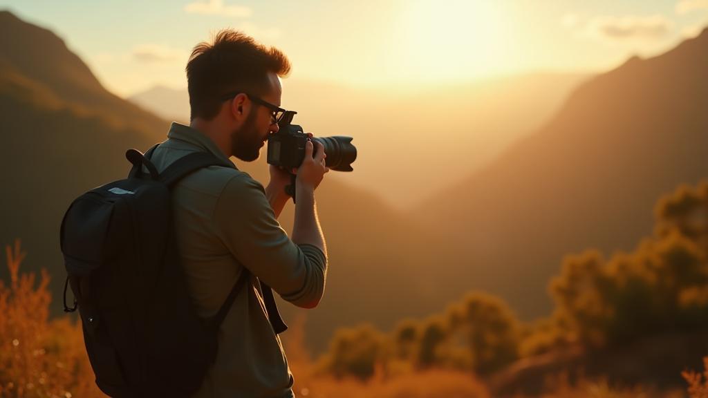 Fotógrafo capturando uma cena bela com equipamento profissional
